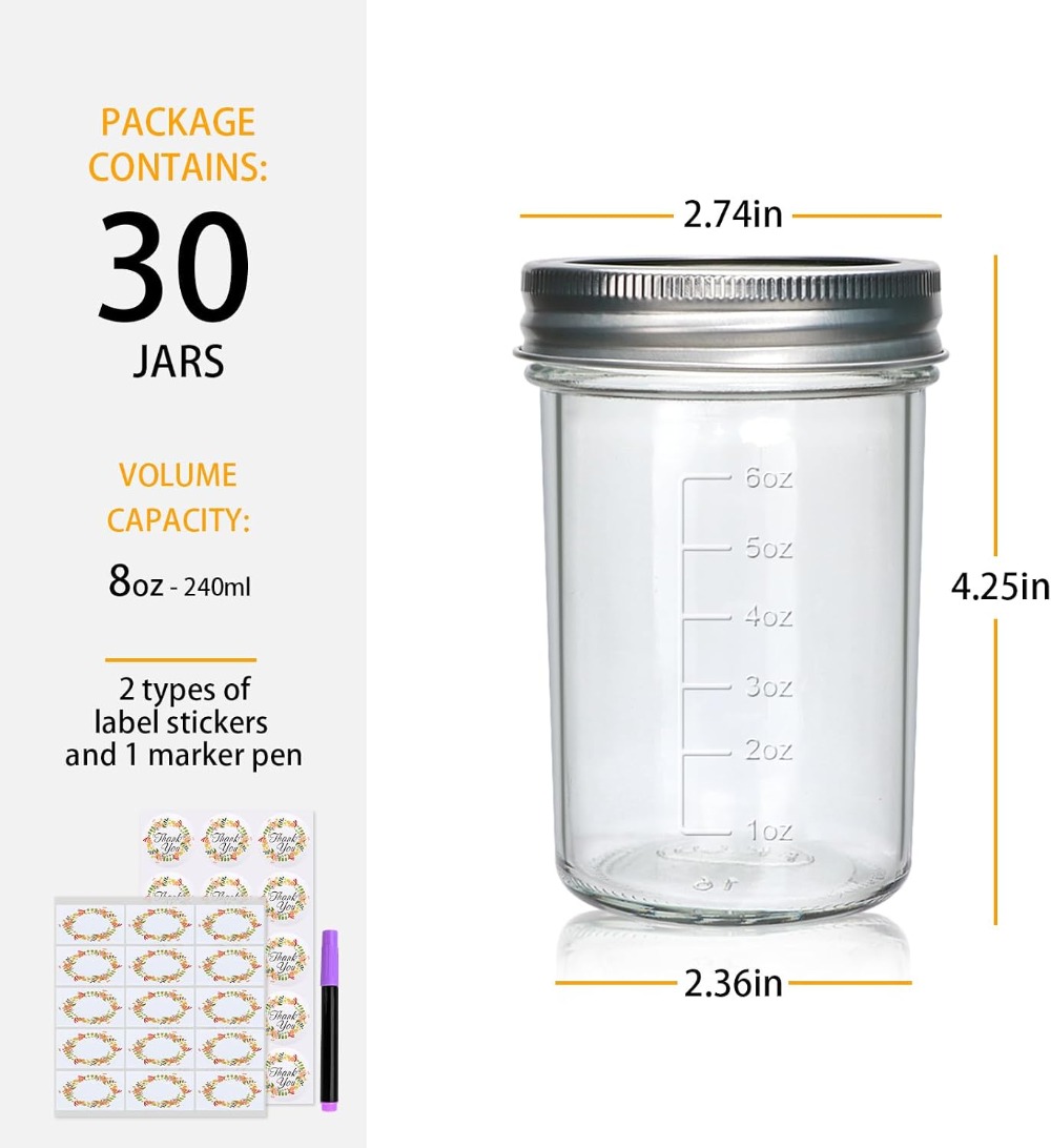 Lot de 30 bocaux Mason de 8 oz - Mason Jar 8Oz avis et prix
